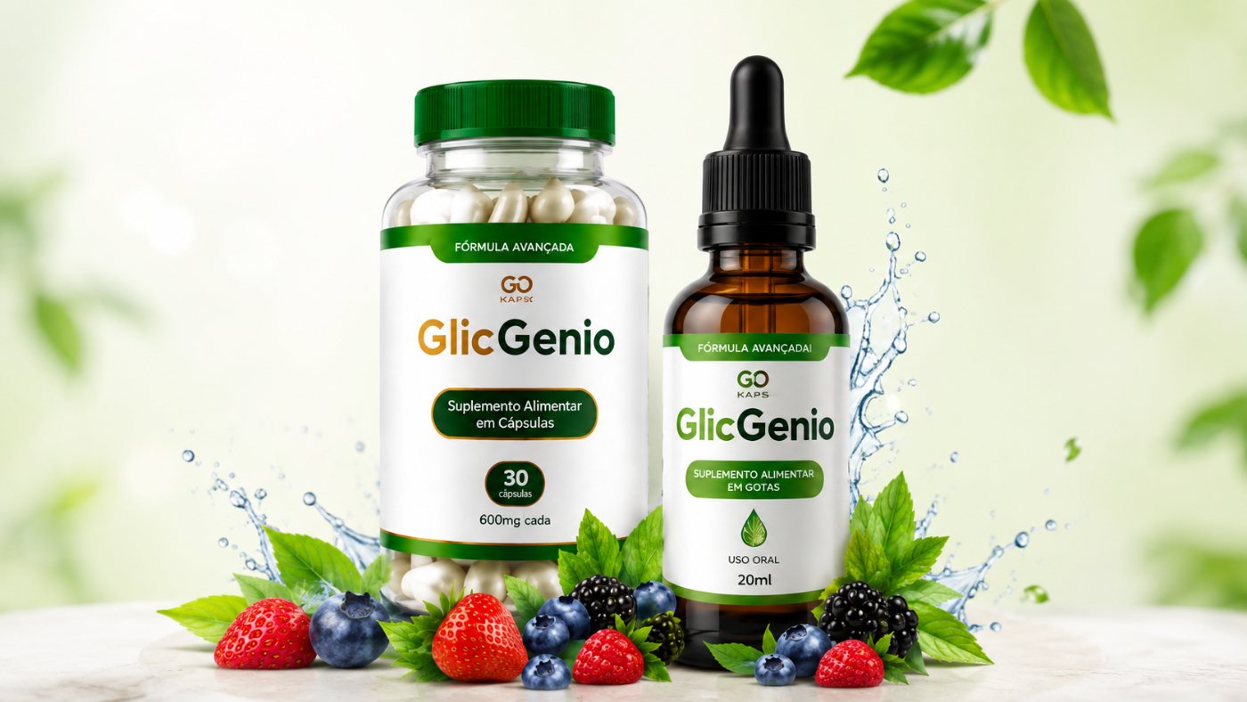 GlicGenio em cápsulas, frasco com 30 cápsulas de 600mg, ao lado do GlicGenio em gotas, entre frutas vermelhas e folhas verdes